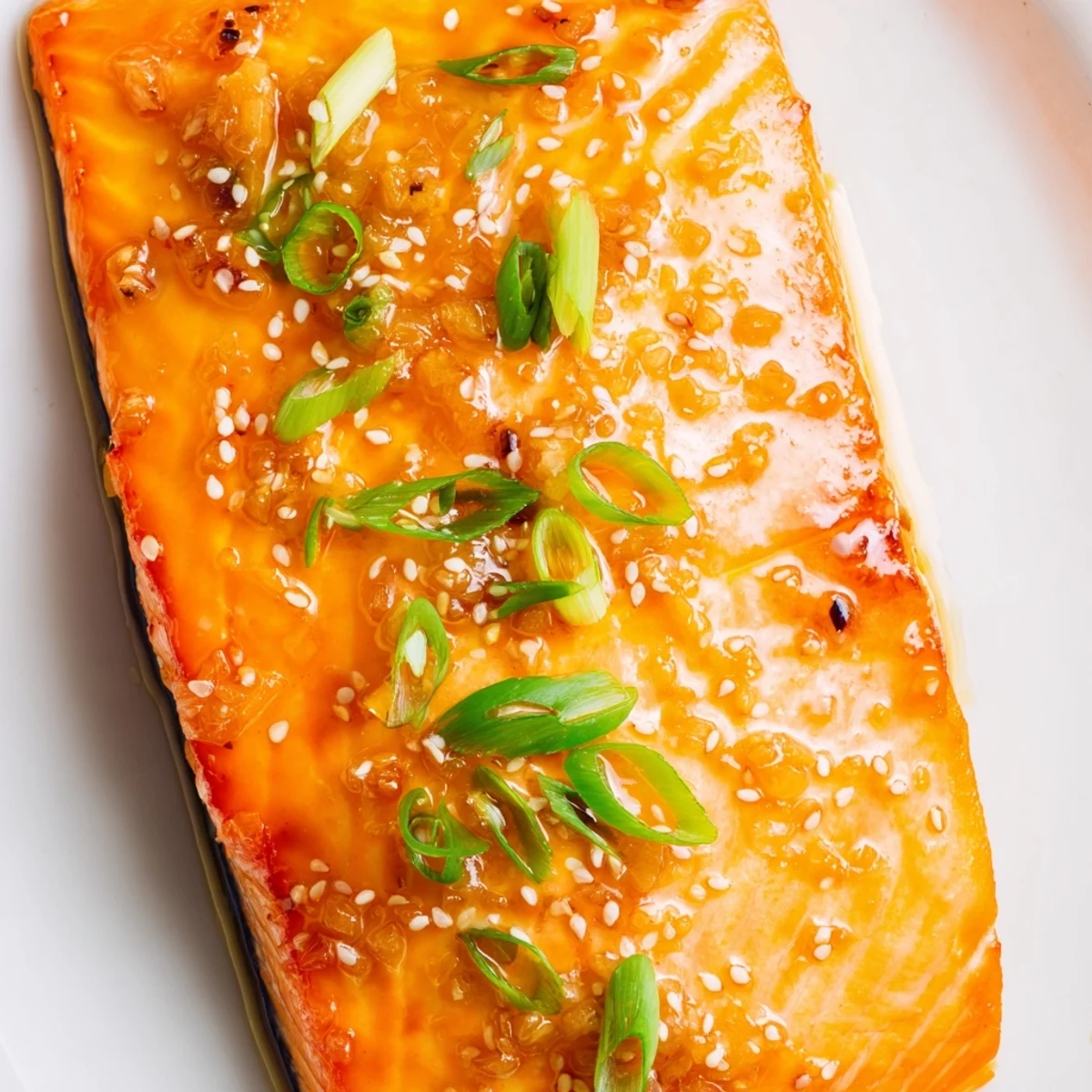 Freshly baked salmon fillets brushed with a sticky orange glaze, garnished with green onions and sesame seeds on a baking sheet.