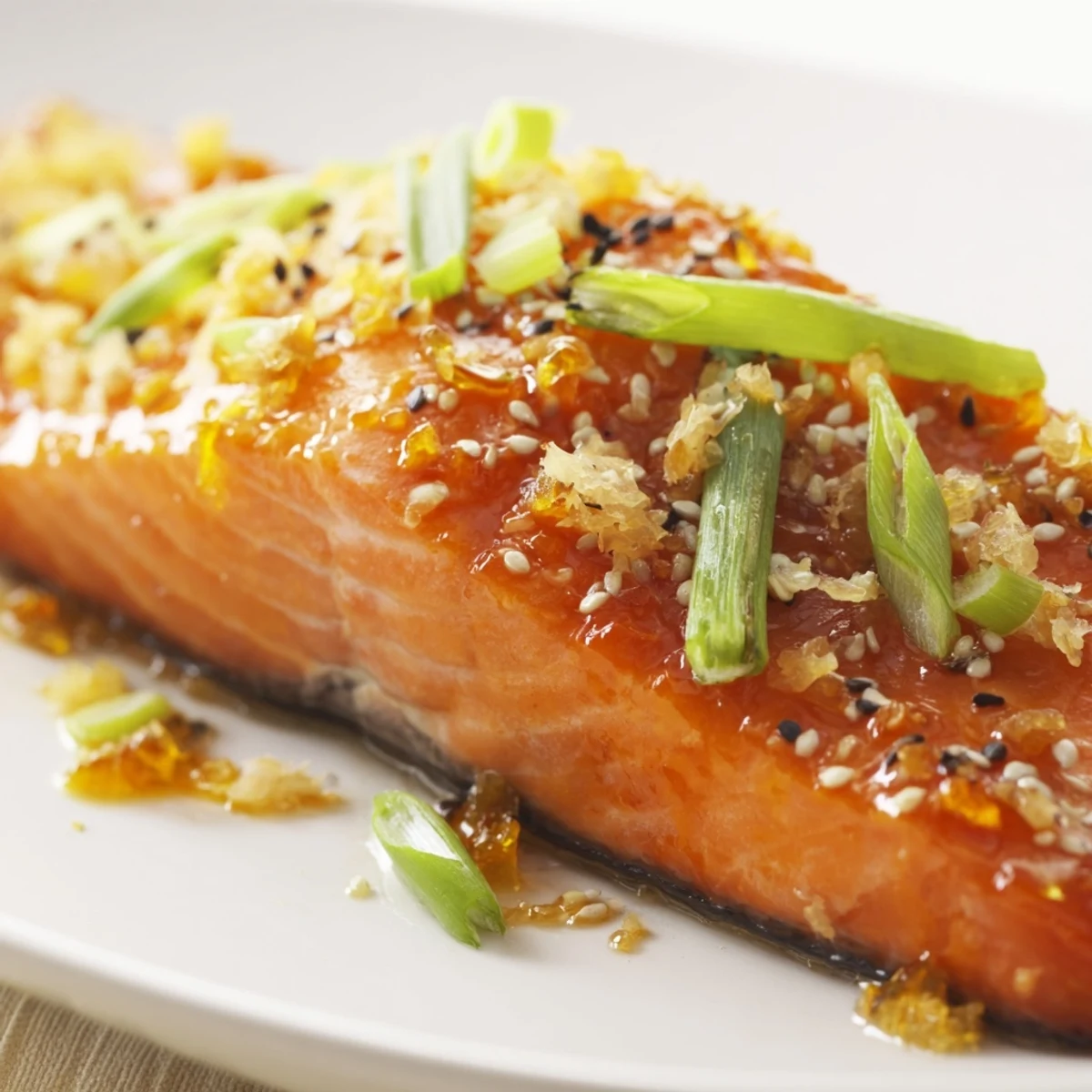Golden oven-baked Baked Salmon with Orange Glaze and Ginger showing flaky texture and a vibrant citrus sauce drizzle.