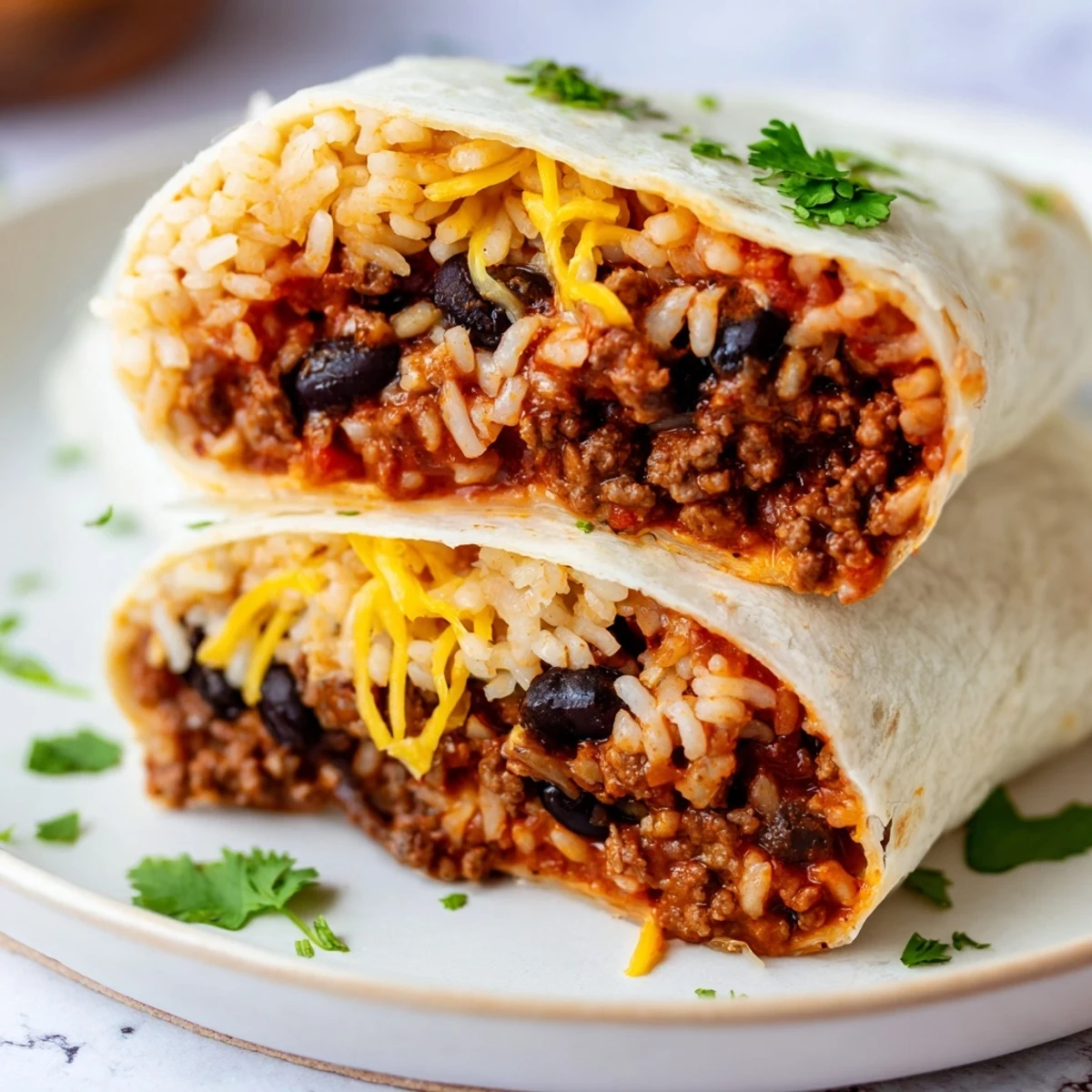 Two golden-brown Beef Burritos with Rice, Beans, and Cheese sit on a plate near fresh cilantro and a small bowl of salsa.