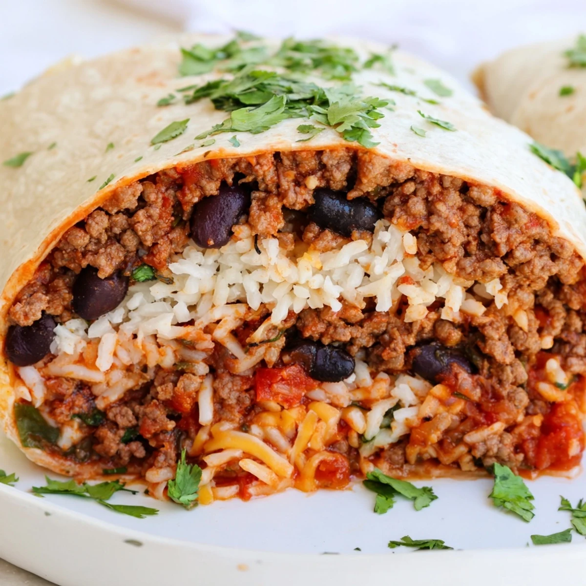 A close-up of a halved Beef Burrito with Rice, Beans, and Cheese revealing layers of seasoned beef, fluffy rice, and melted cheese.