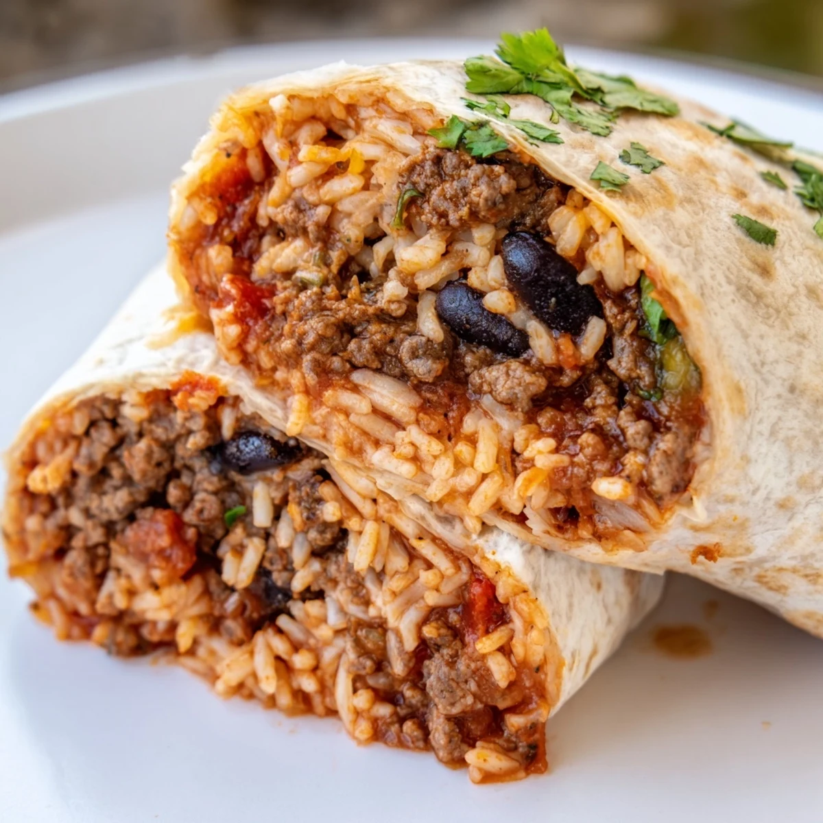 Sizzling seasoned ground beef simmers in a skillet for Beef Burritos with Rice, Beans, and Cheese, surrounded by toppings.