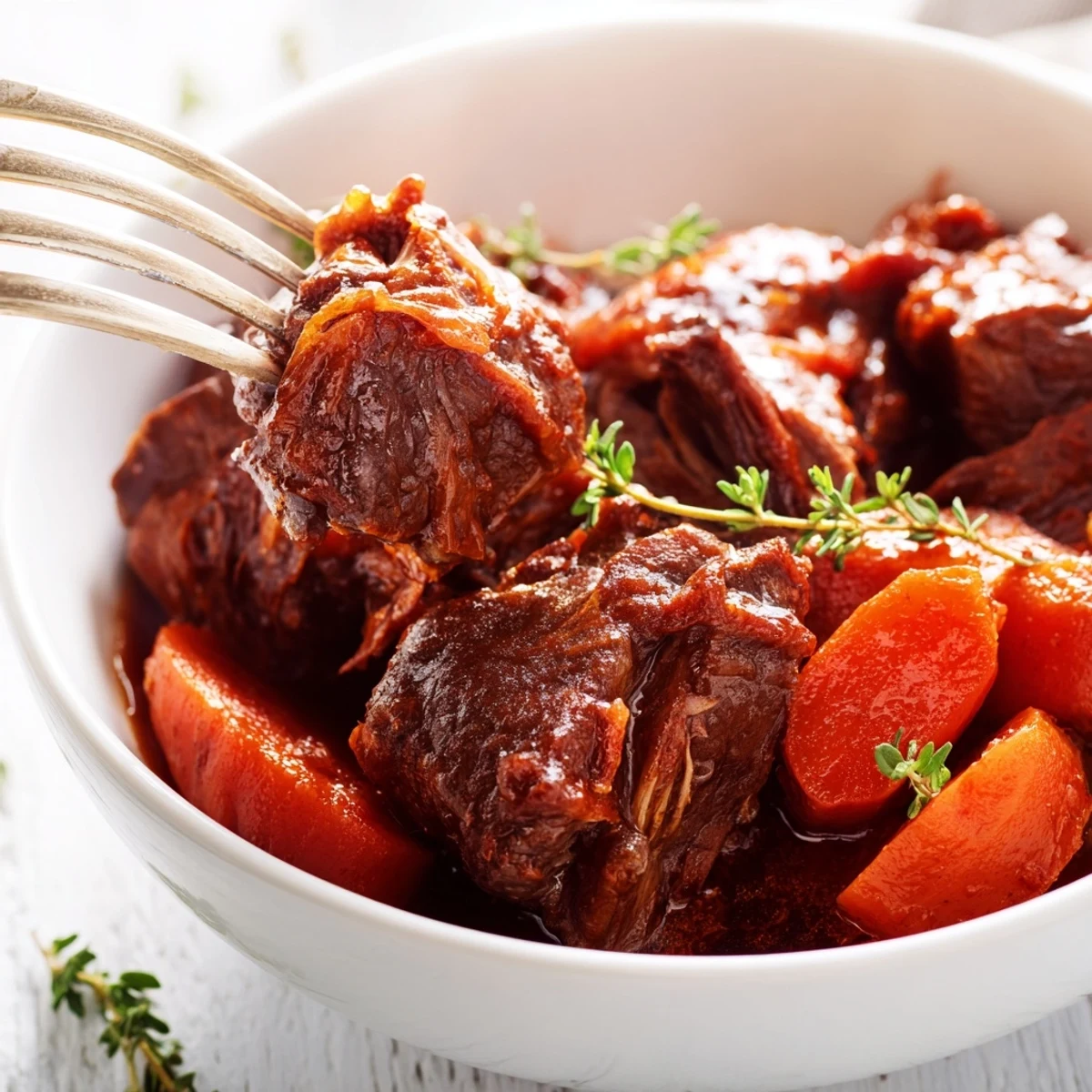 Tender Slow Cooked Beef Shin with Carrots and Thyme in a rich, savory gravy, served over creamy mashed potatoes.