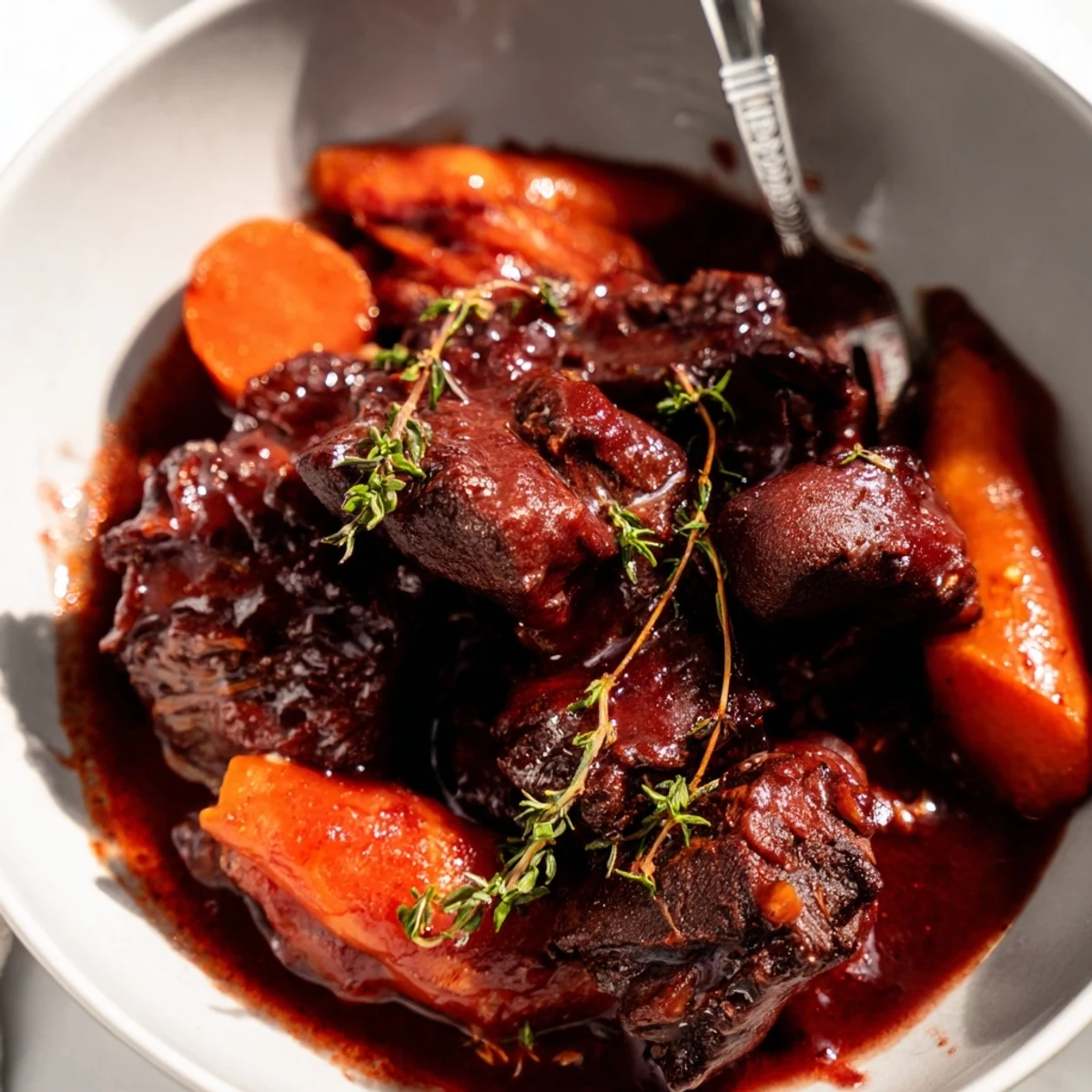 Slow Cooked Beef Shin with Carrots and Thyme bubbling in a casserole dish, showcasing fall-apart beef chunks and glazed carrots.