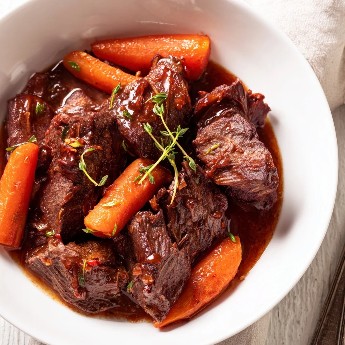 Golden, melt-in-your-mouth Slow Cooked Beef Shin with Carrots and Thyme alongside crusty bread for a comforting family dinner.