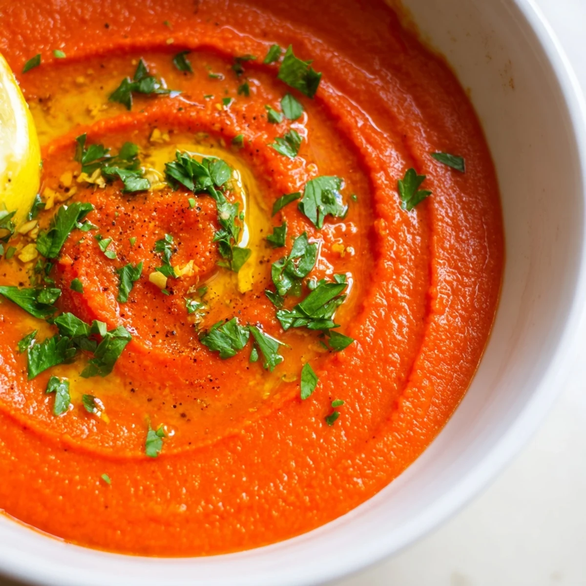 A close-up of creamy Roasted Red Pepper and Lentil Soup garnished with parsley and lemon.