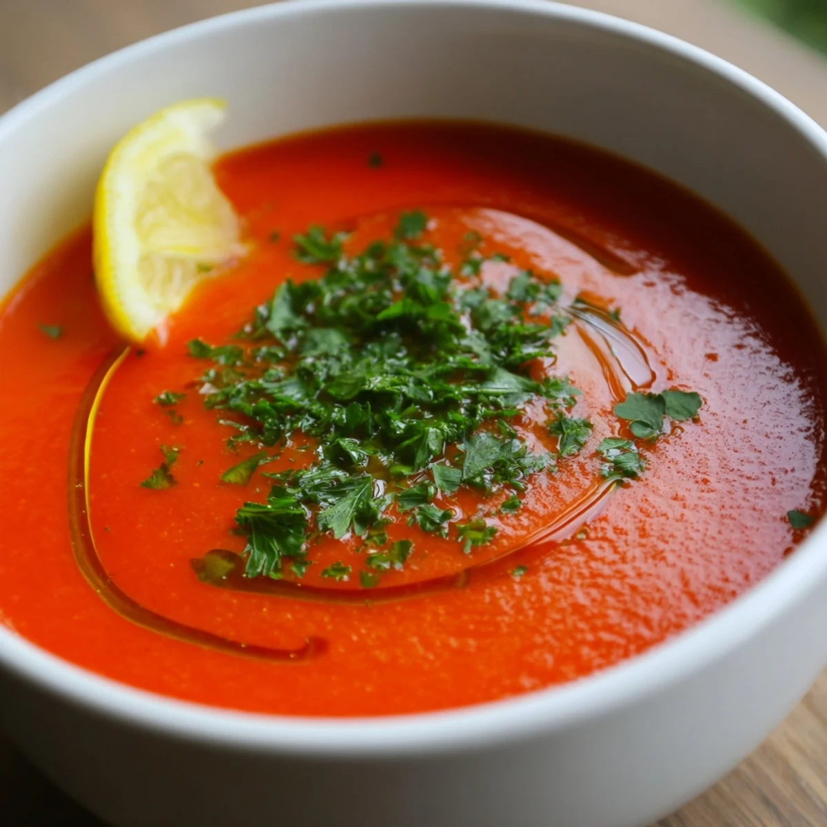 Close-up of creamy Roasted Red Pepper and Lentil Soup with parsley and lemon.