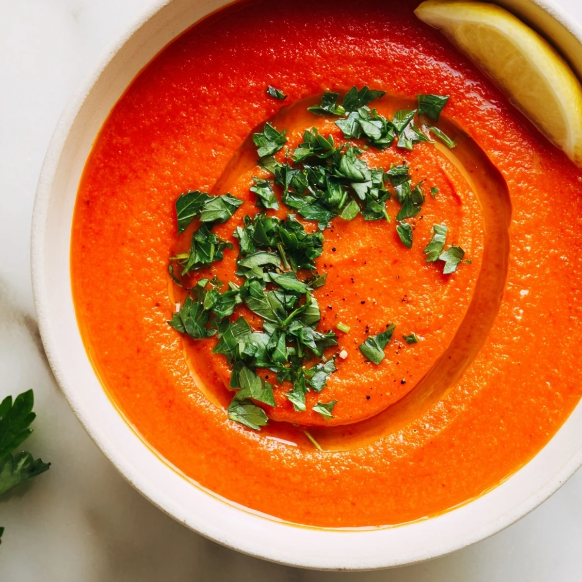 Hearty Roasted Red Pepper and Lentil Soup served warm in a rustic bowl.