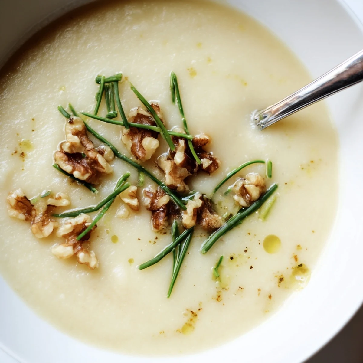 Spoon dipping into silky parsnip and pear soup, with toasted walnuts and chives on top.