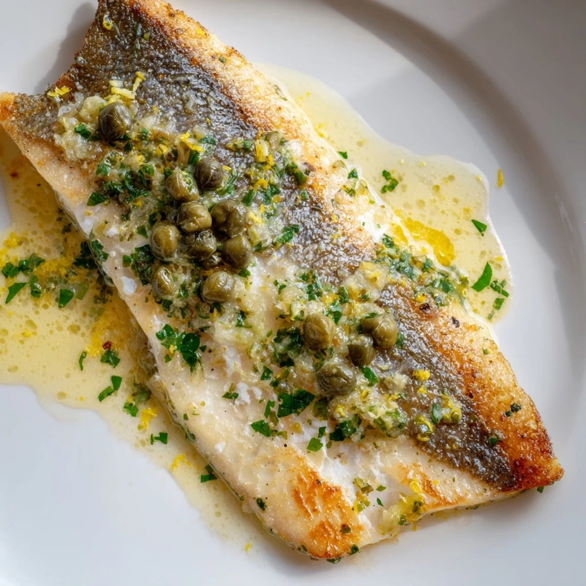Golden Pan Seared Sea Bass with Lemon Caper Butter on a plate with roasted potatoes.