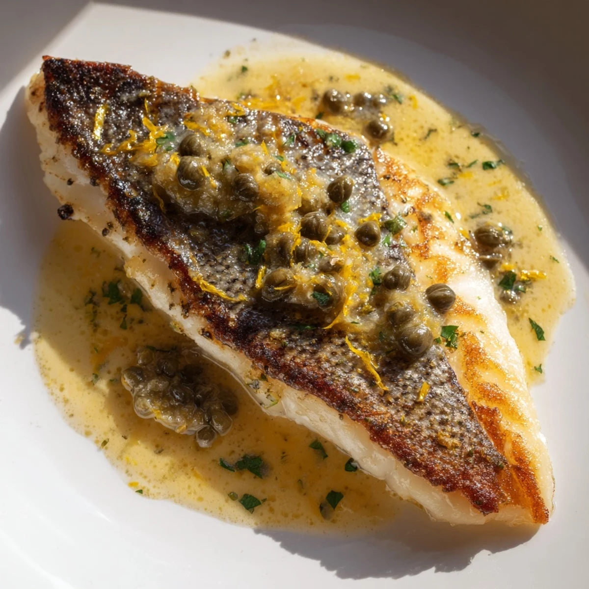 Flaky Pan Seared Sea Bass with Lemon Caper Butter and fresh parsley garnish close up.