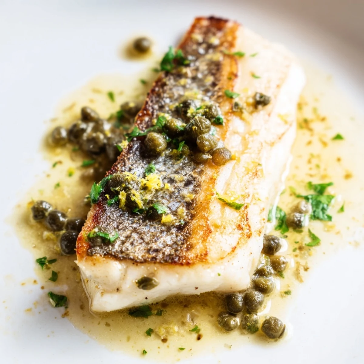 Crispy skinned Pan Seared Sea Bass with Lemon Caper Butter sauce drizzled over sautéed spinach.