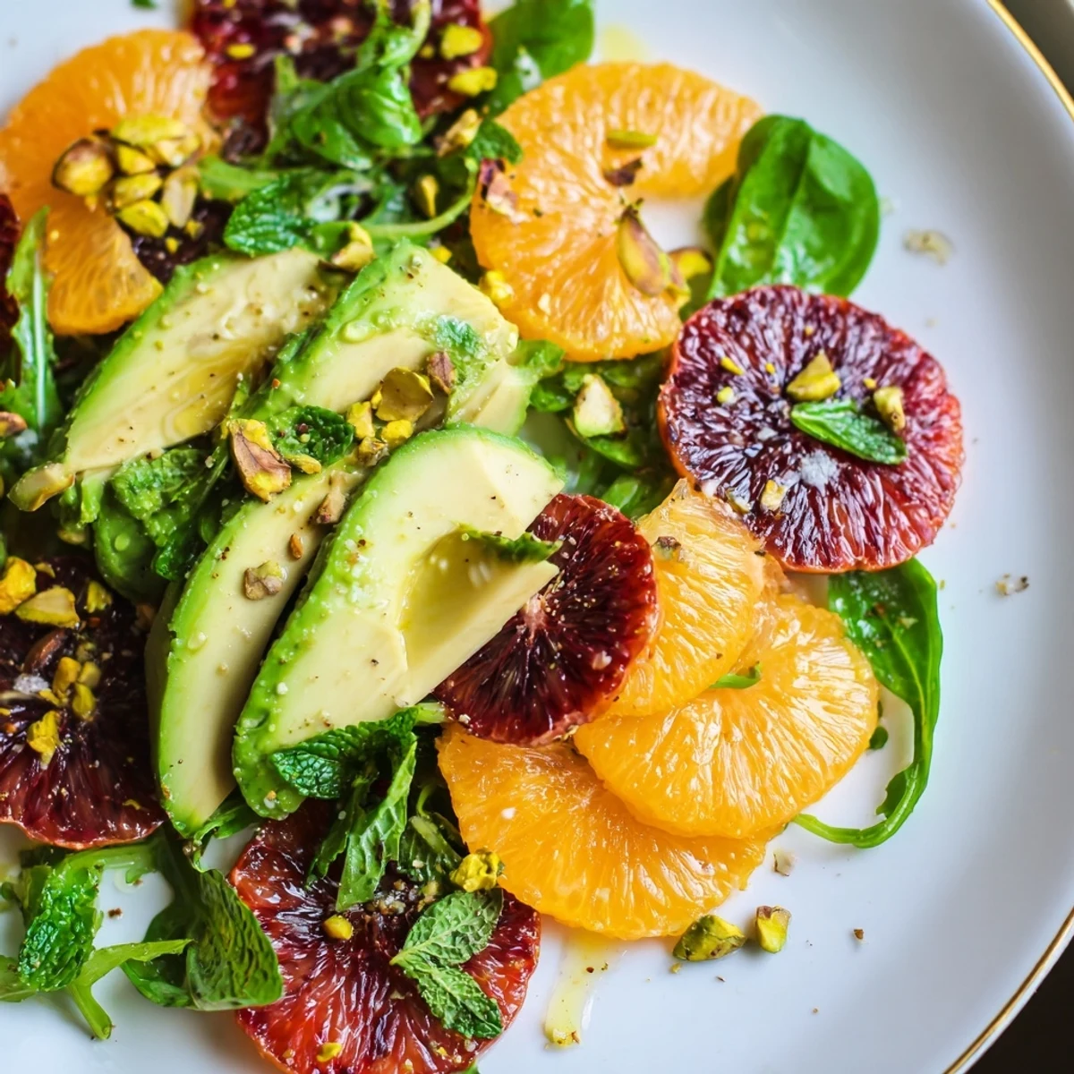 Bright slices of blood orange and creamy avocado on a bed of mixed greens, topped with fresh mint and pistachios for a vibrant Winter Citrus and Avocado Salad.