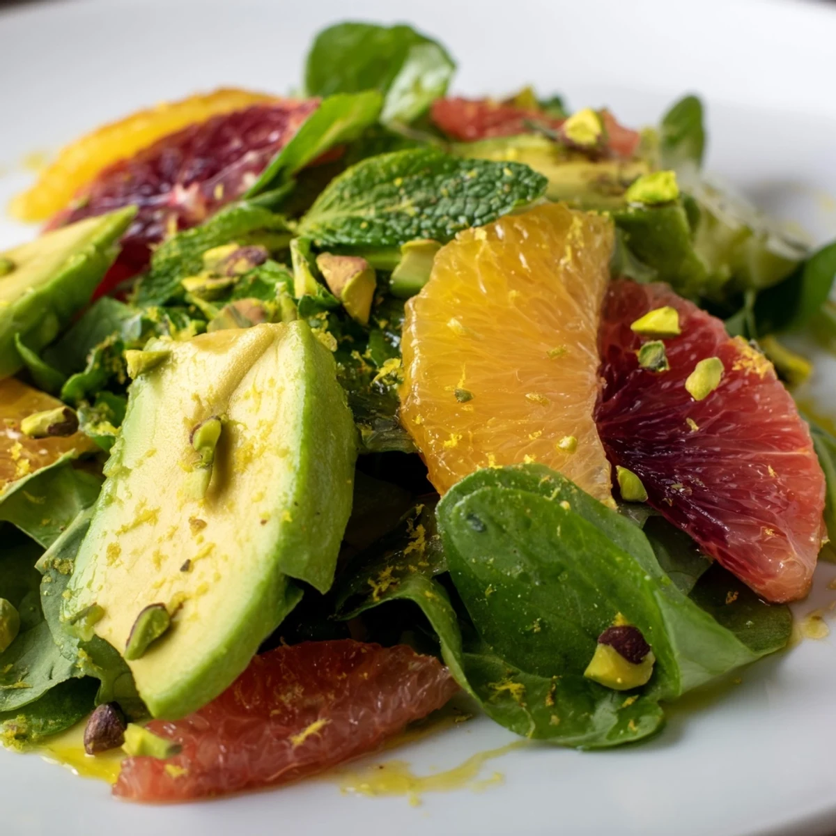 Close-up view of juicy citrus rounds and avocado slices on a bed of greens, sprinkled with mint and orange zest for a Winter Citrus and Avocado Salad.