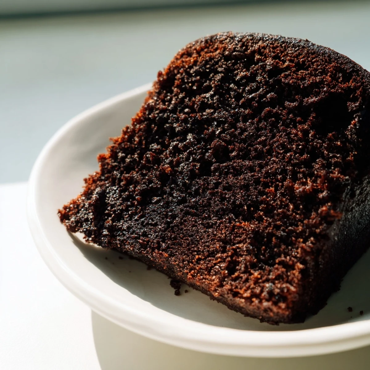 Freshly baked Dark Chocolate and Beetroot Snack Cake is topped with shaved dark chocolate and powdered sugar.