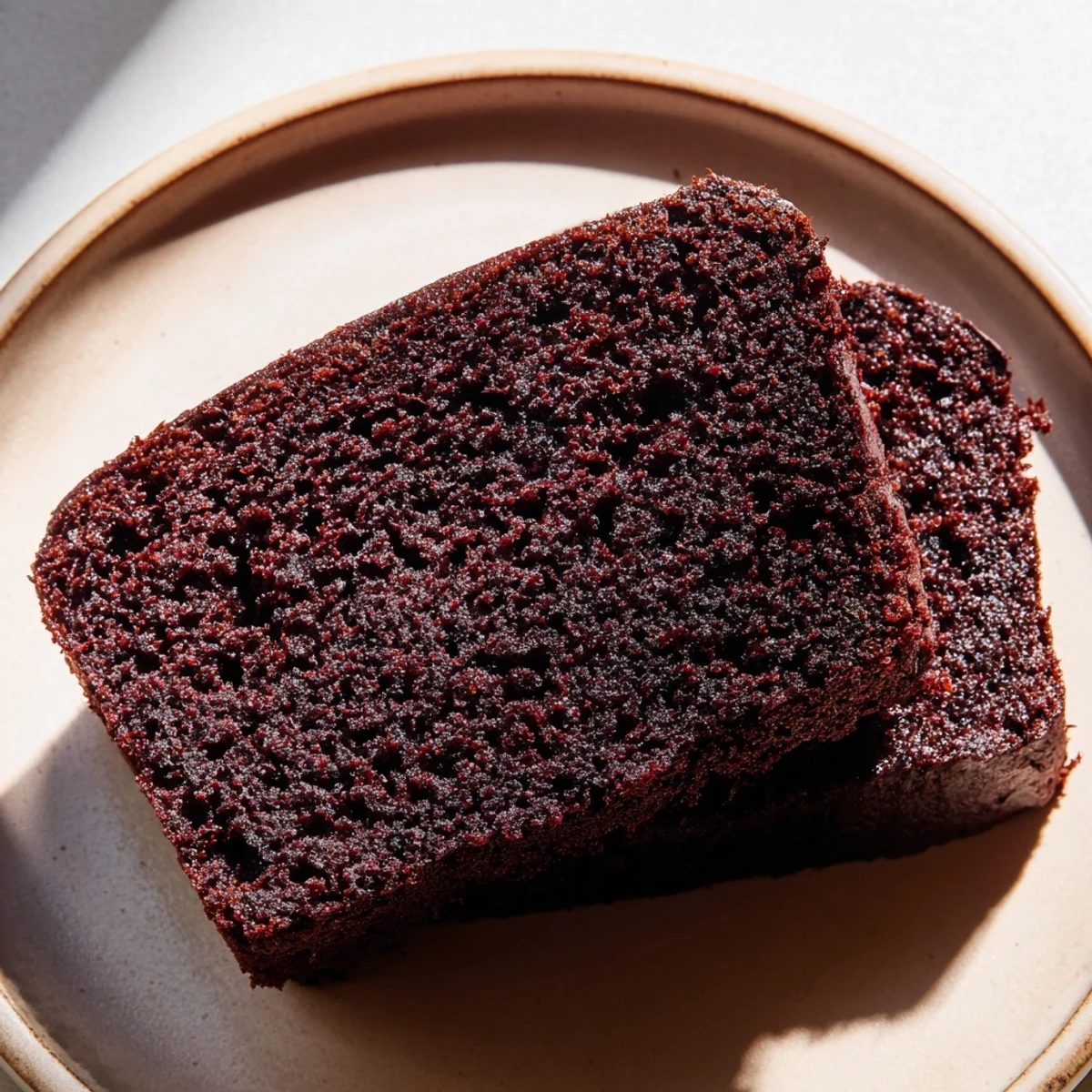 A slice of Dark Chocolate and Beetroot Snack Cake shows the rich, deep red crumb on a dessert plate.