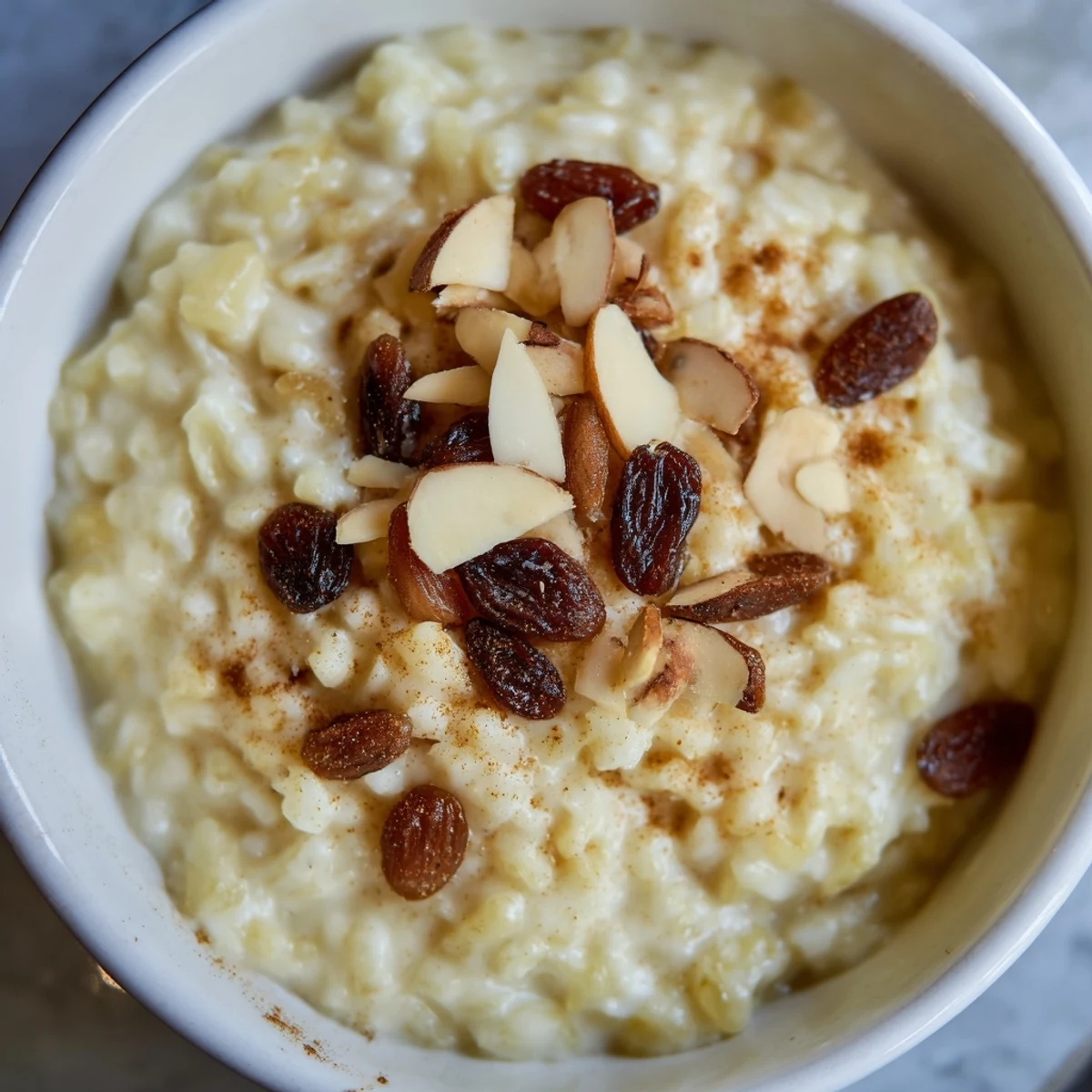 Creamy warm Chai Spiced Rice Pudding in a rustic ceramic bowl, garnished with toasted almonds and a cinnamon stick.
