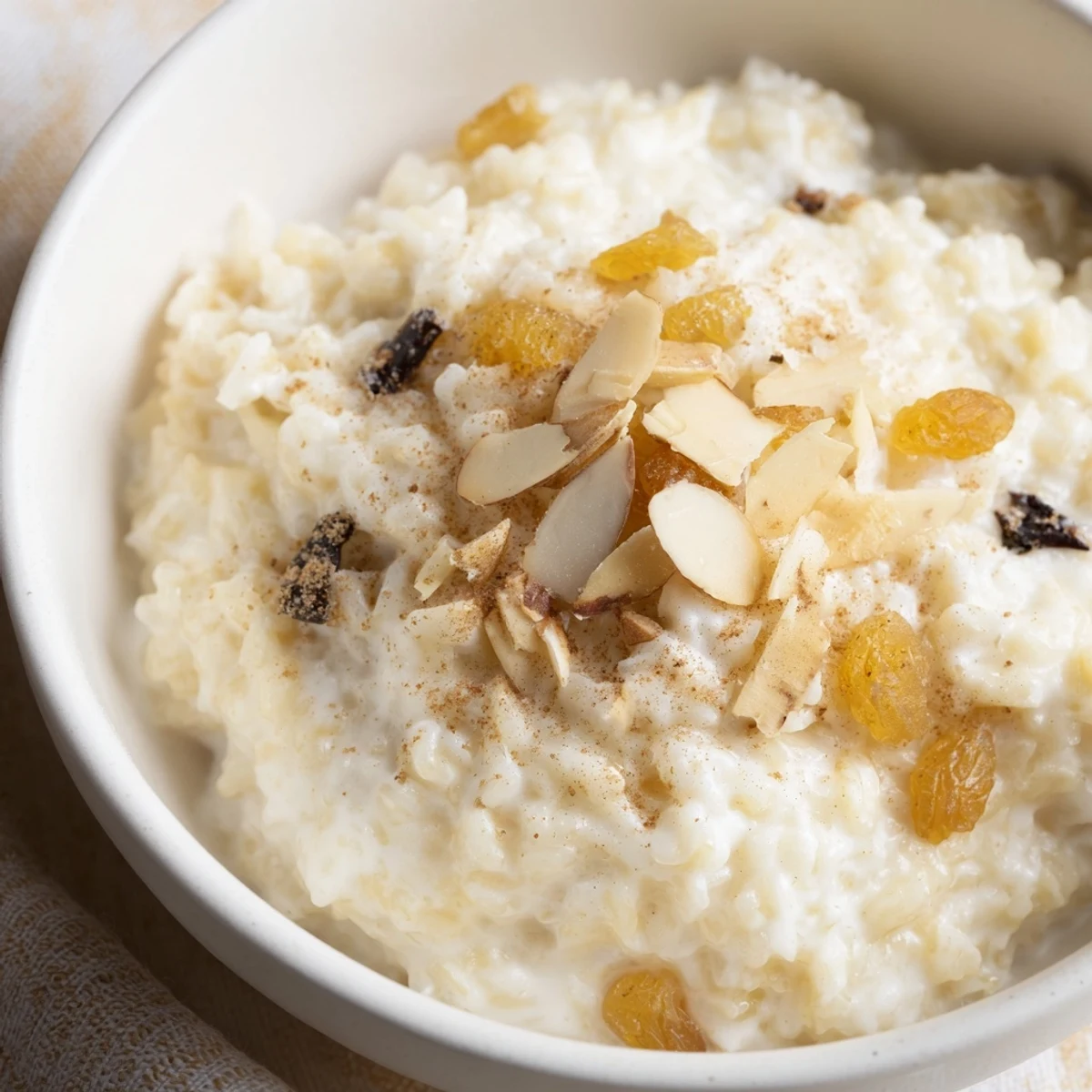 Steaming bowl of homemade Chai Spiced Rice Pudding topped with golden raisins, served on a wooden tray for dessert.