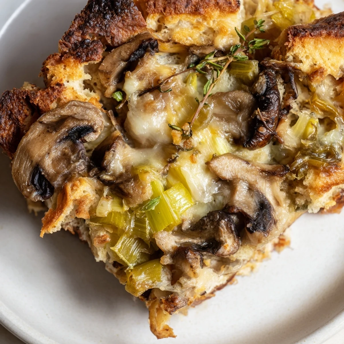 Sautéed mushrooms and leeks nestled in Savory Mushroom and Leek Bread Pudding, featuring a creamy, rich custard texture on a wooden table.