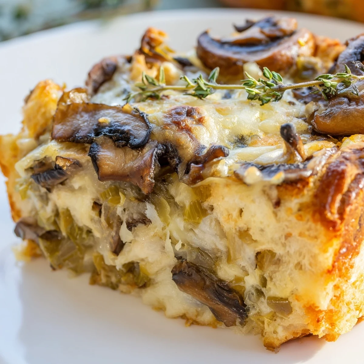 Close-up of a slice of Savory Mushroom and Leek Bread Pudding revealing tender vegetables and fluffy bread cubes, served beside a fresh green salad.