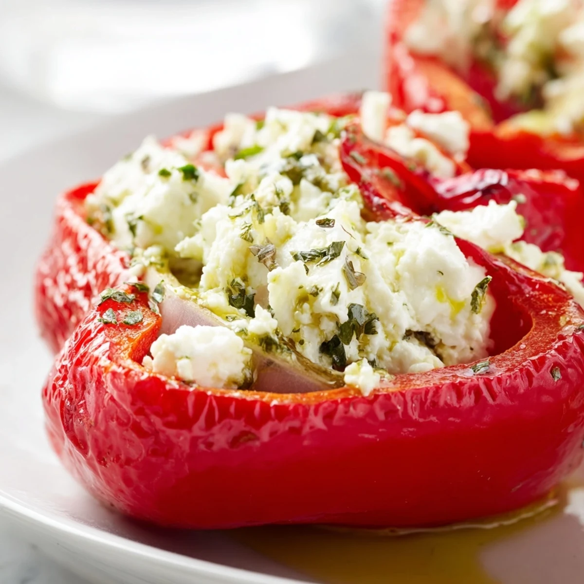 Roasted Pepper with Feta with golden edges, stuffed with creamy feta and fresh herbs on a platter.