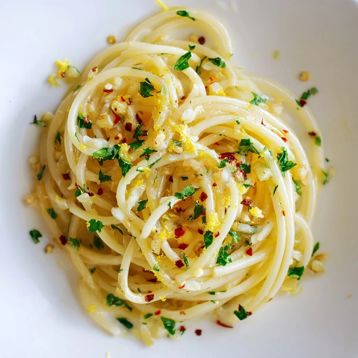 Fork-tender strands of Garlic Pasta with Oil glisten in the skillet, speckled with fresh parsley and golden, fragrant garlic slices.