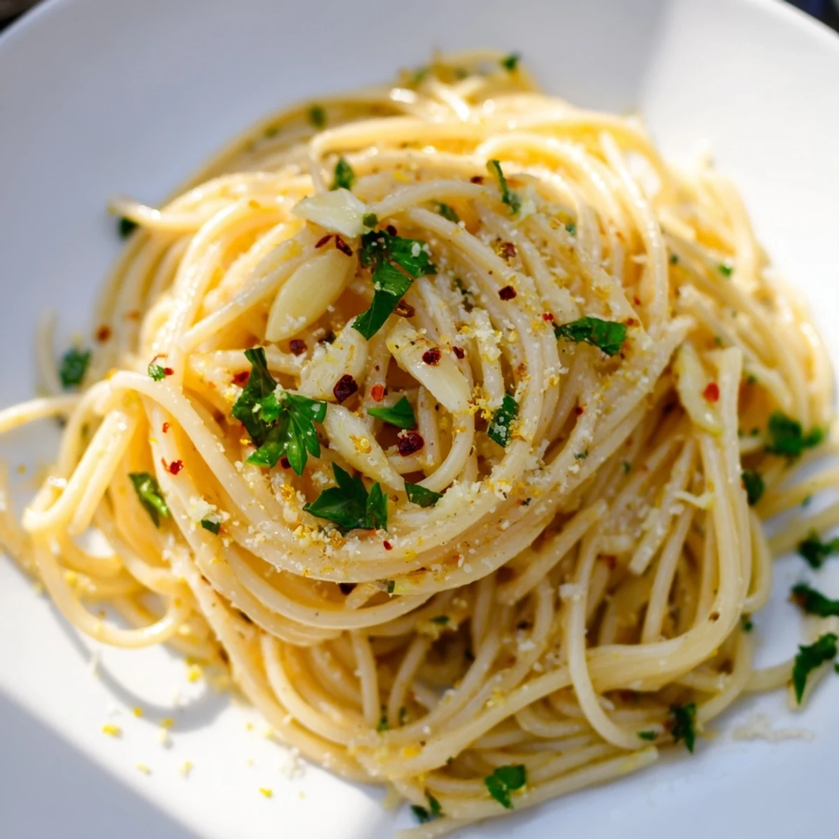Spiral pasta swirls in a silver serving bowl, coated in aromatic olive oil sauce with a pinch of chili and Parmesan.