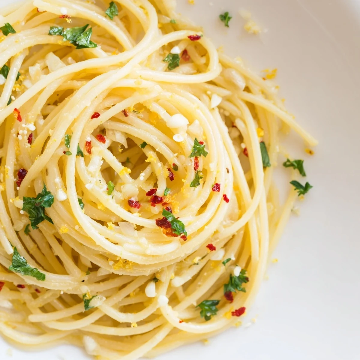 Chef's tongs lift a portion of Garlic Pasta with Oil, steam rising to reveal thinly sliced garlic and bright green parsley.