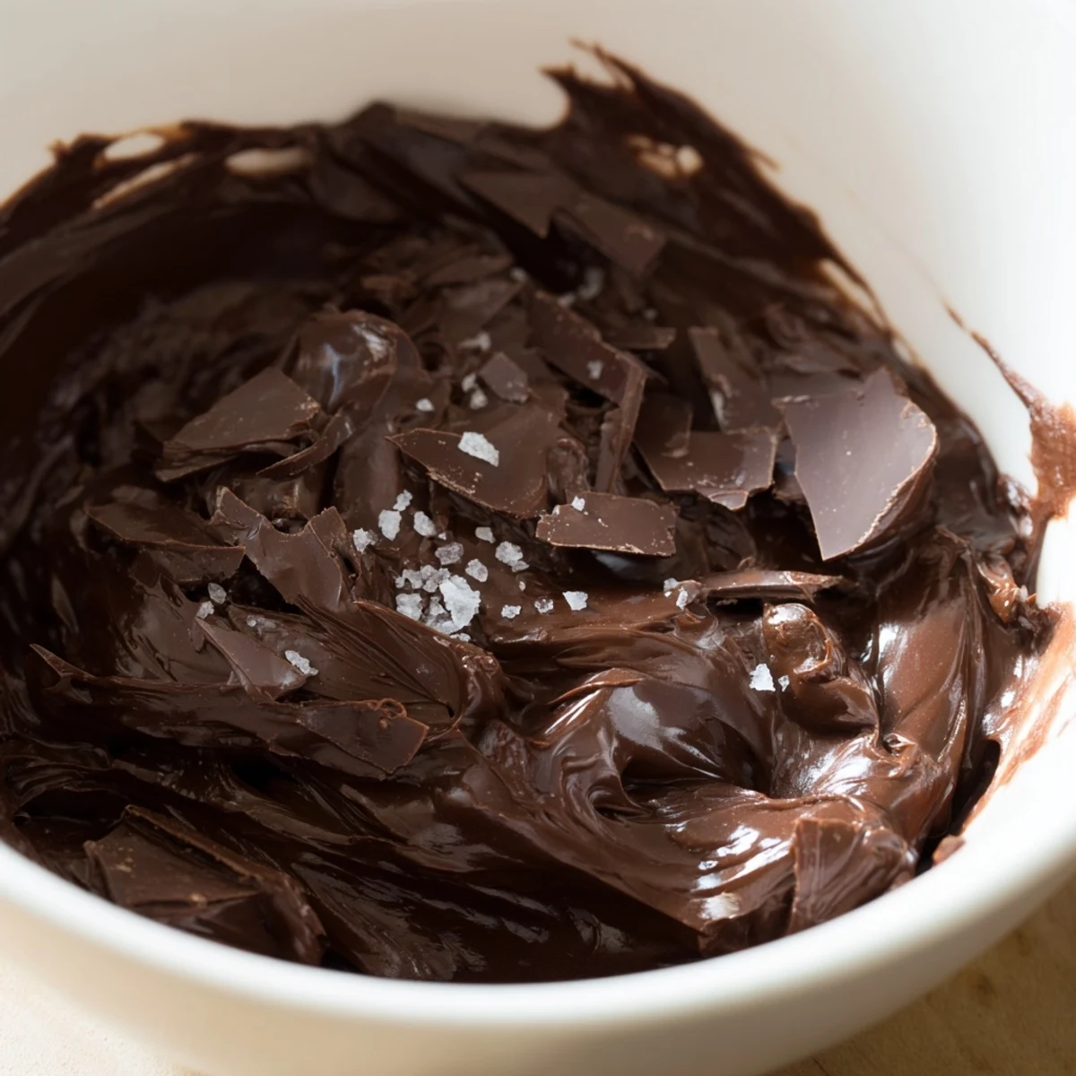Creamy chocolate ganache in a glass bowl, glossy and warm, ready to glaze a chocolate cake.