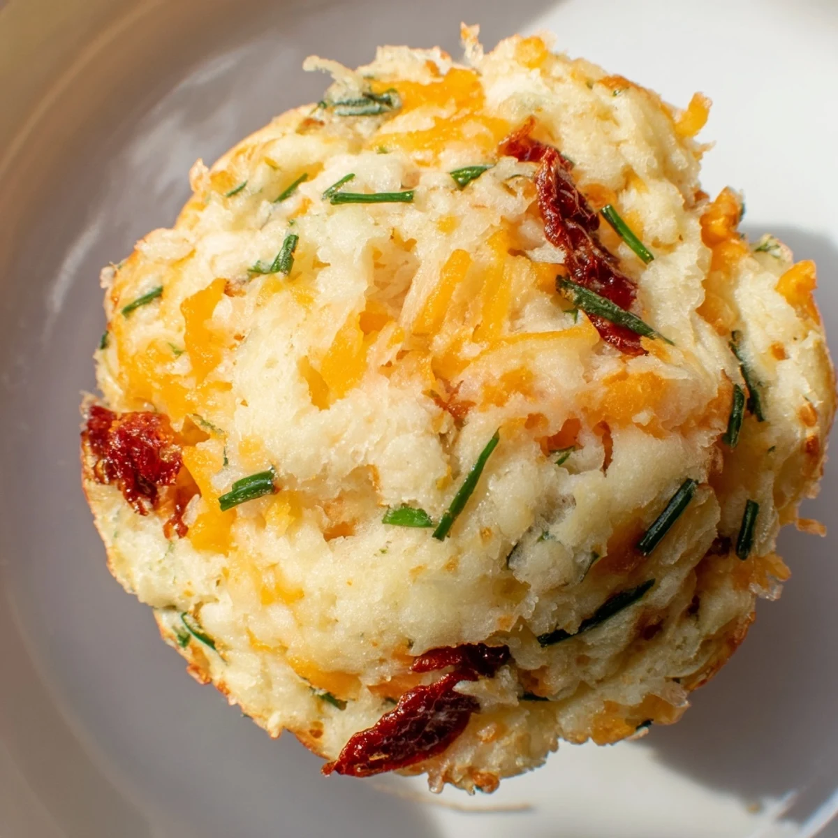 Warm savory cheese muffins with melted cheddar and chopped chives in a lined muffin tin.