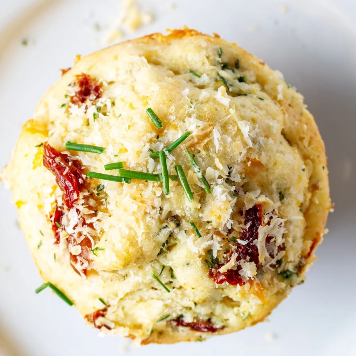 Golden-brown savory cheese muffins topped with herbs and parmesan displayed on a rustic board.