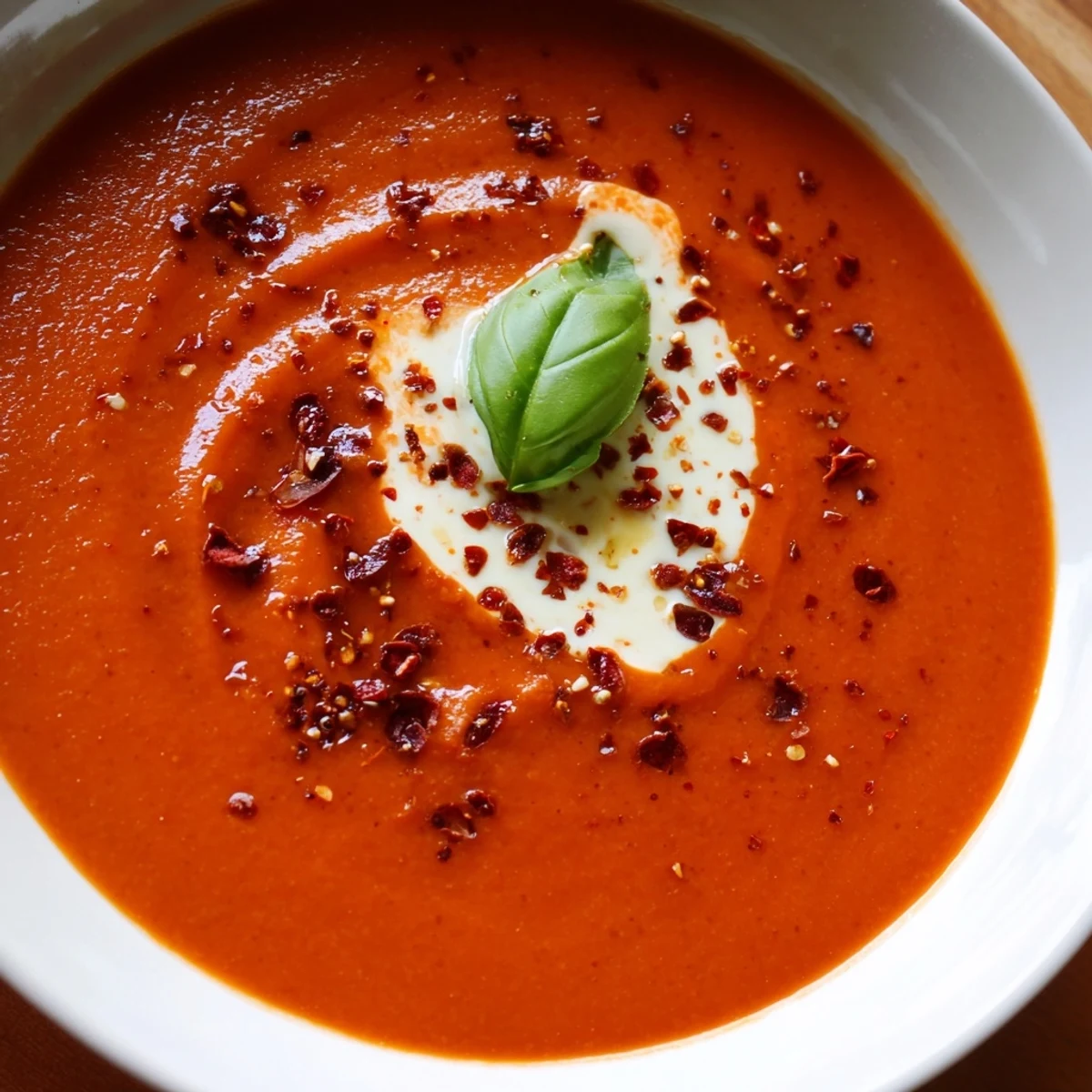 A bowl of Creamy Roasted Red Pepper and Tomato Soup garnished with fresh basil, served with crusty bread.