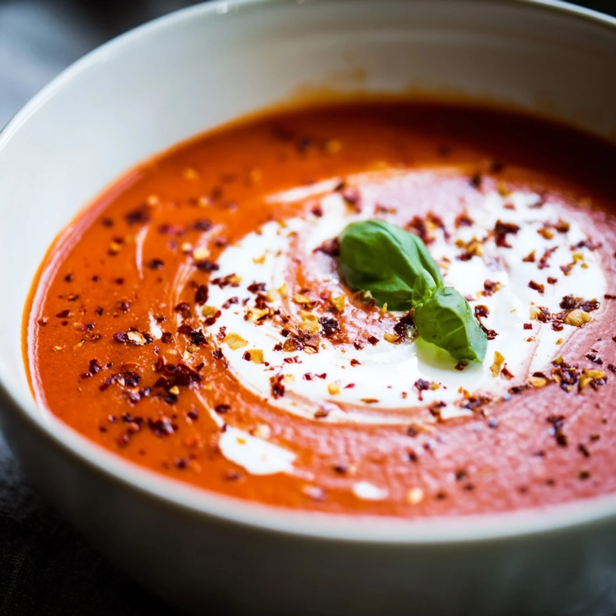 Close-up of Creamy Roasted Red Pepper and Tomato Soup showcasing its velvety texture and vibrant red-orange color.