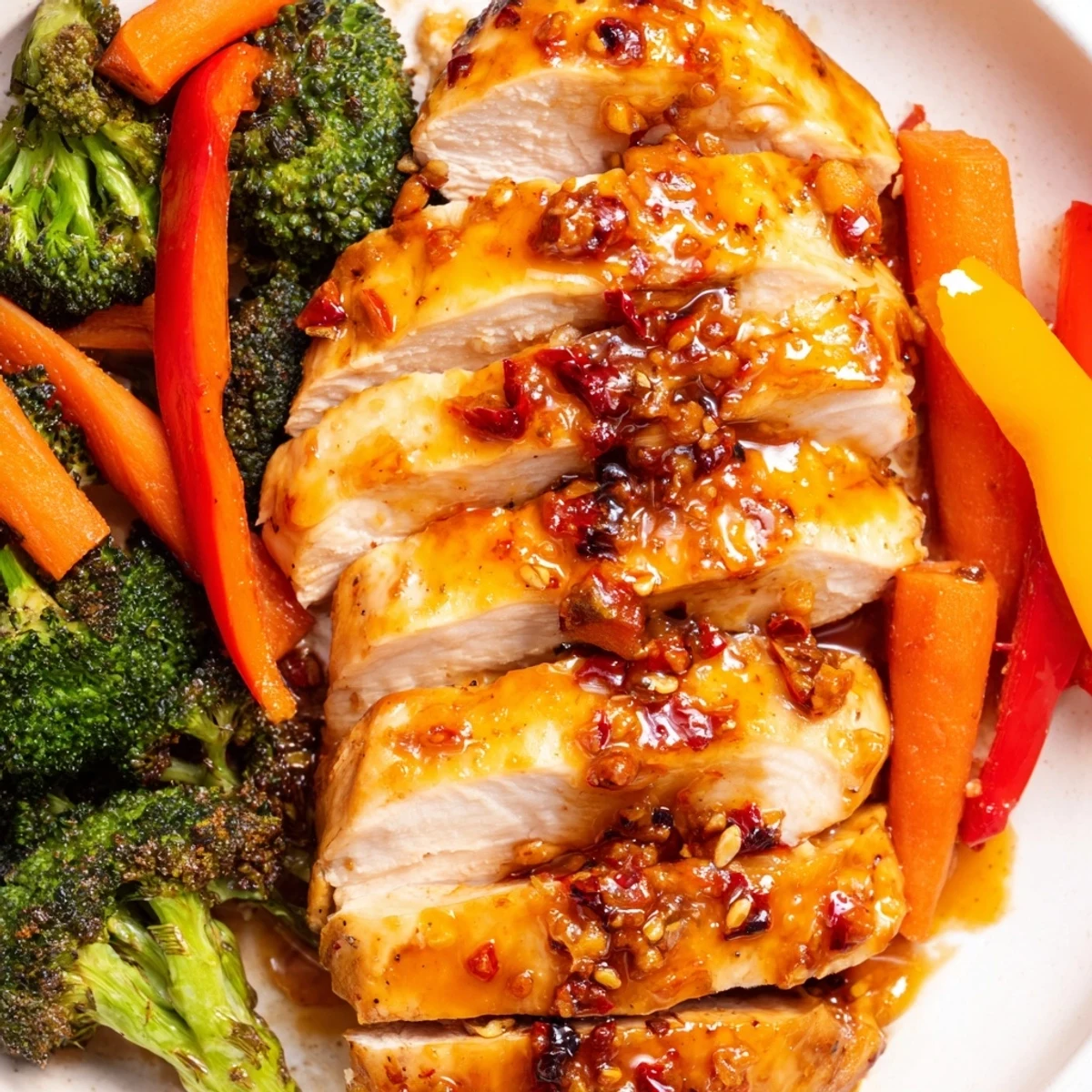 Sheet Pan Honey Garlic Chicken and Veggies features glazed chicken and roasted vegetables served over fluffy white rice.