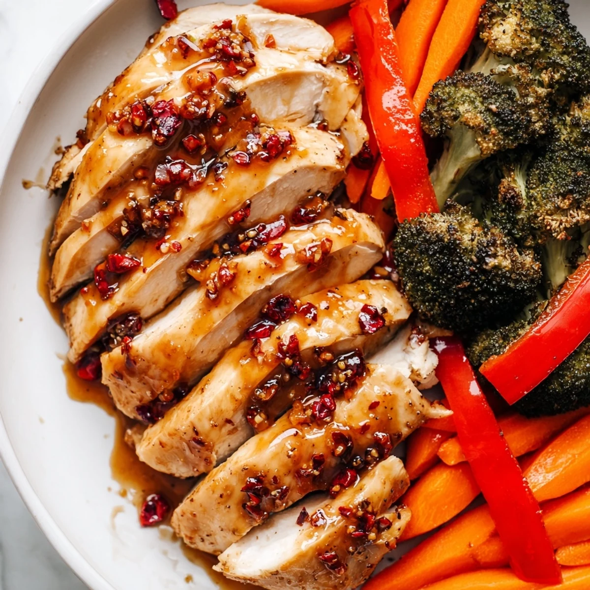 Easy Sheet Pan Honey Garlic Chicken and Veggies dinner with tender chicken and caramelized bell peppers on parchment.