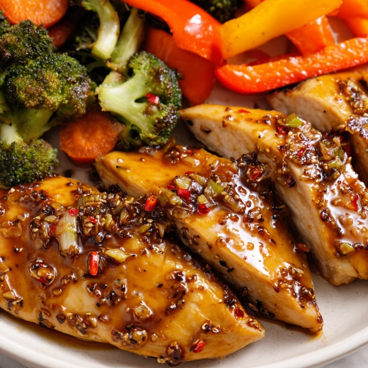 Golden brown chicken breasts sit beside vibrant broccoli and carrots, drizzled with sticky honey garlic sauce.