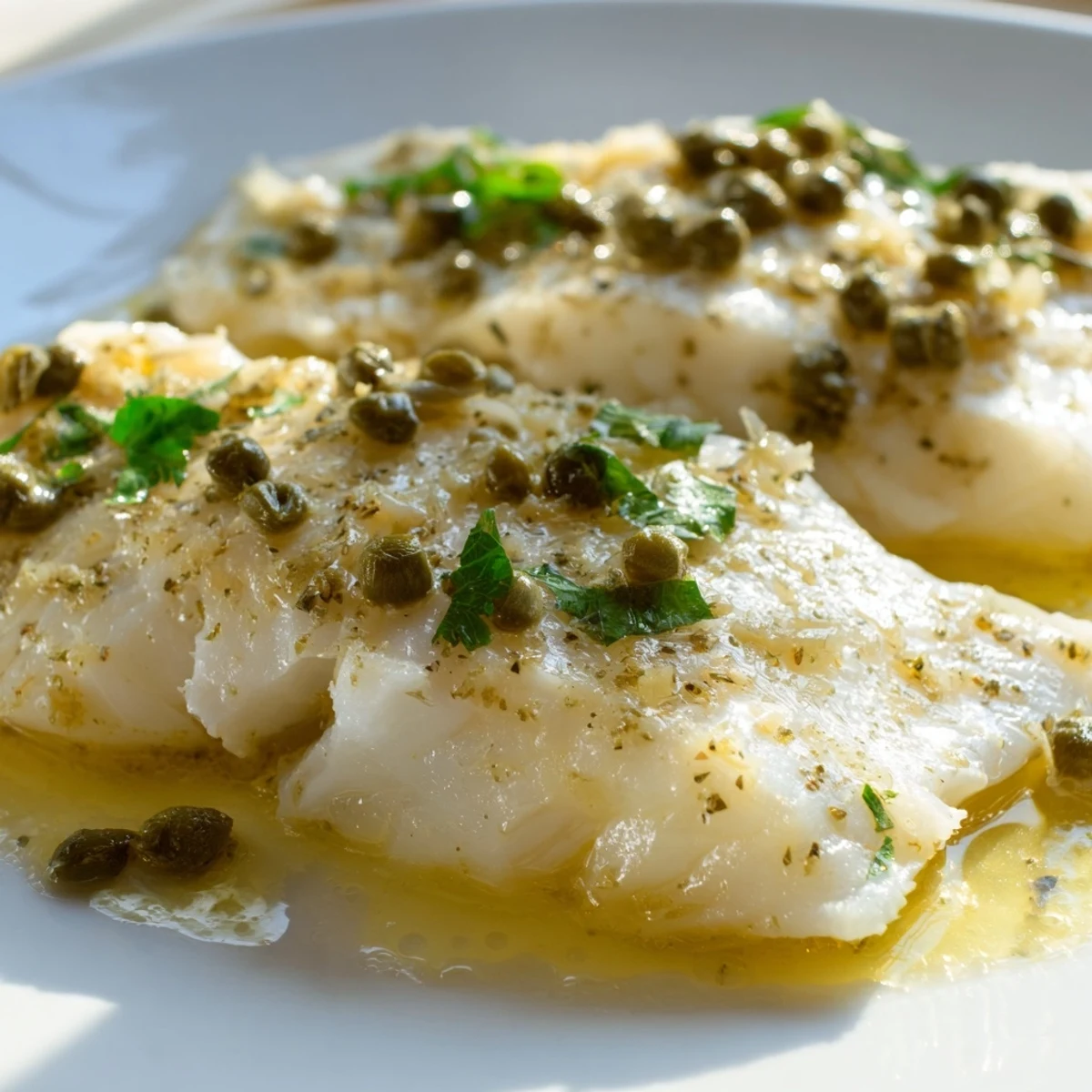 Fresh Baked Cod with Lemon Butter and Capers garnished with parsley alongside steamed green beans.