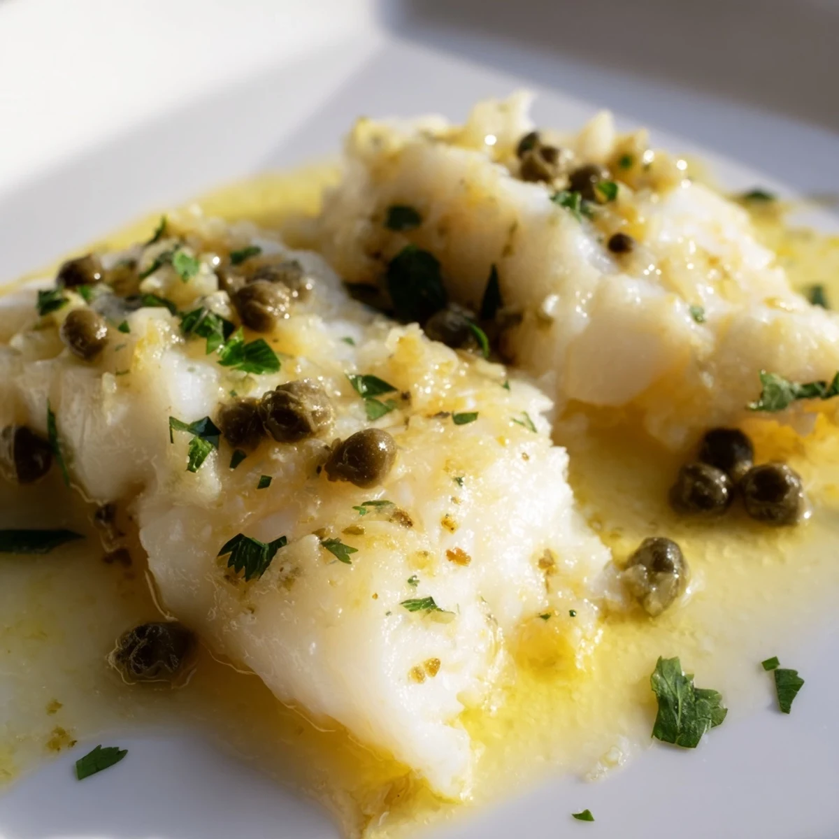 Golden Baked Cod with Lemon Butter and Capers flaking on a plate with roasted potatoes.