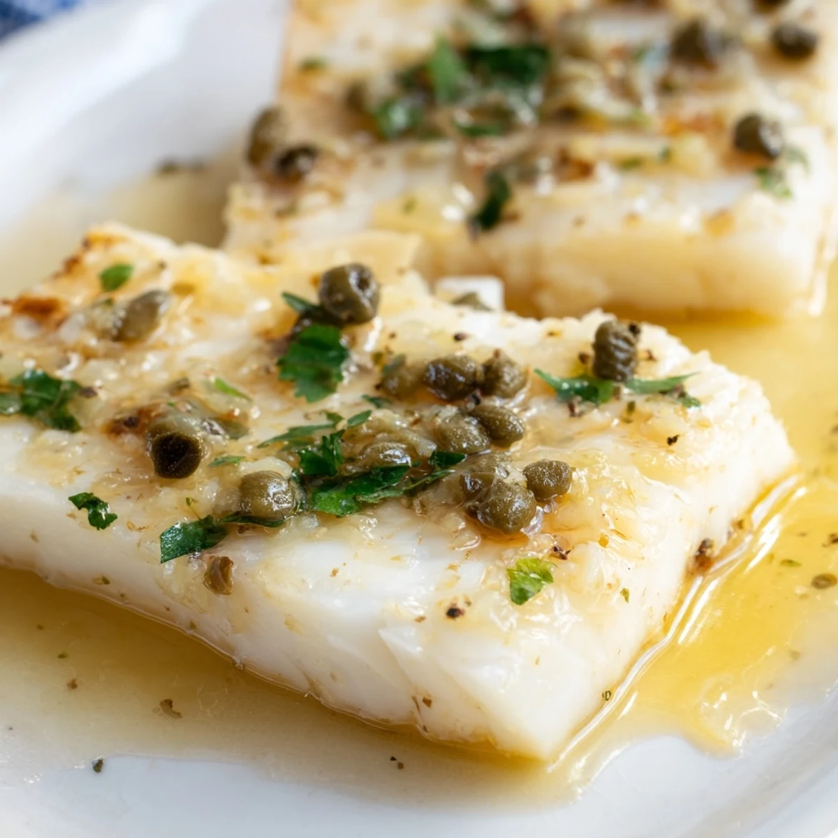 Sizzling Baked Cod with Lemon Butter and Capers in a white baking dish, lemon slices on top.
