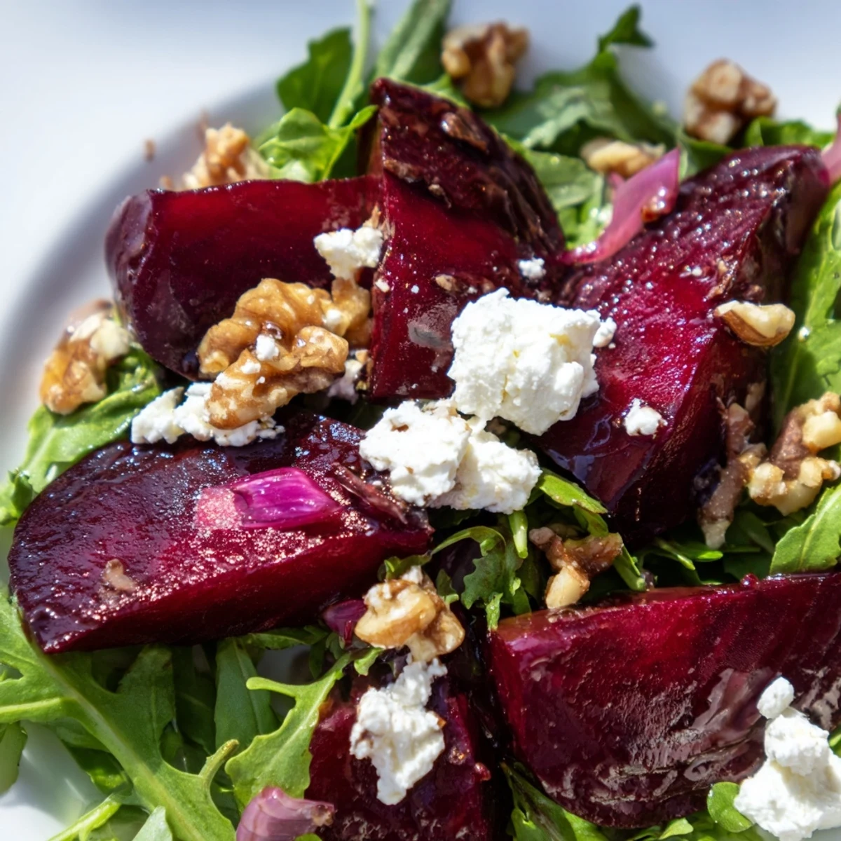 Freshly roasted beet wedges with red onion slices, creamy feta, and walnuts on peppery arugula, drizzled with tangy balsamic vinaigrette for the Roasted Beet Salad with Arugula and Feta.