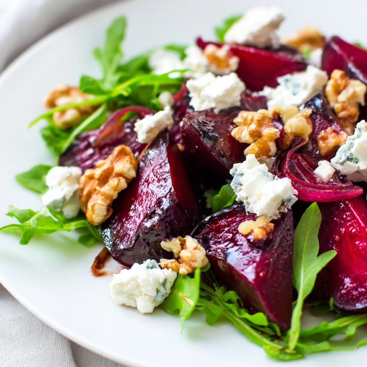 Sliced roasted beets on a bed of fresh arugula topped with creamy feta and toasted walnuts for a vibrant Roasted Beet Salad with Arugula and Feta.