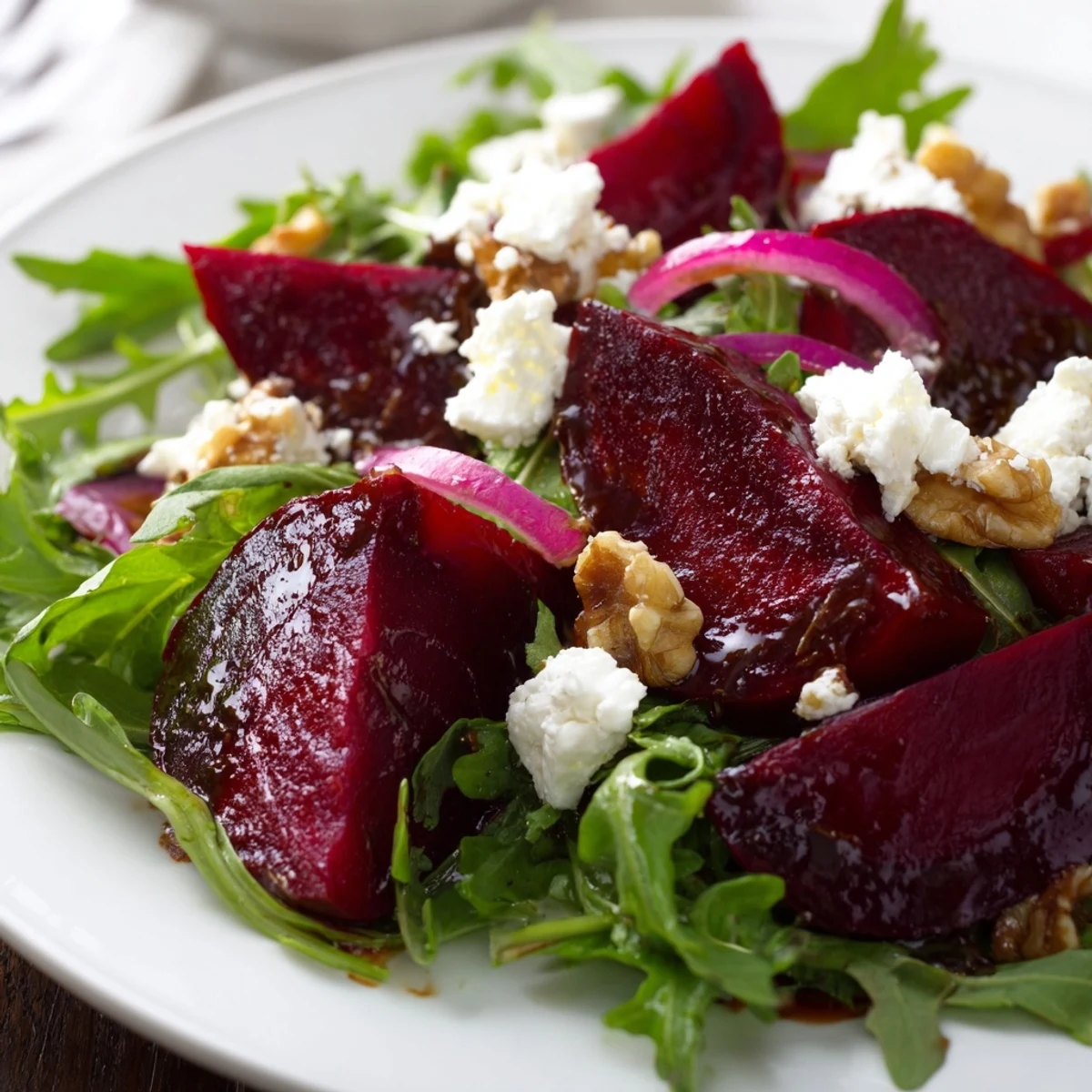 A plated Roasted Beet Salad with Arugula and Feta showcases jewel-toned beets, greens, and crumbled cheese, perfect for a light Mediterranean-inspired lunch or dinner.