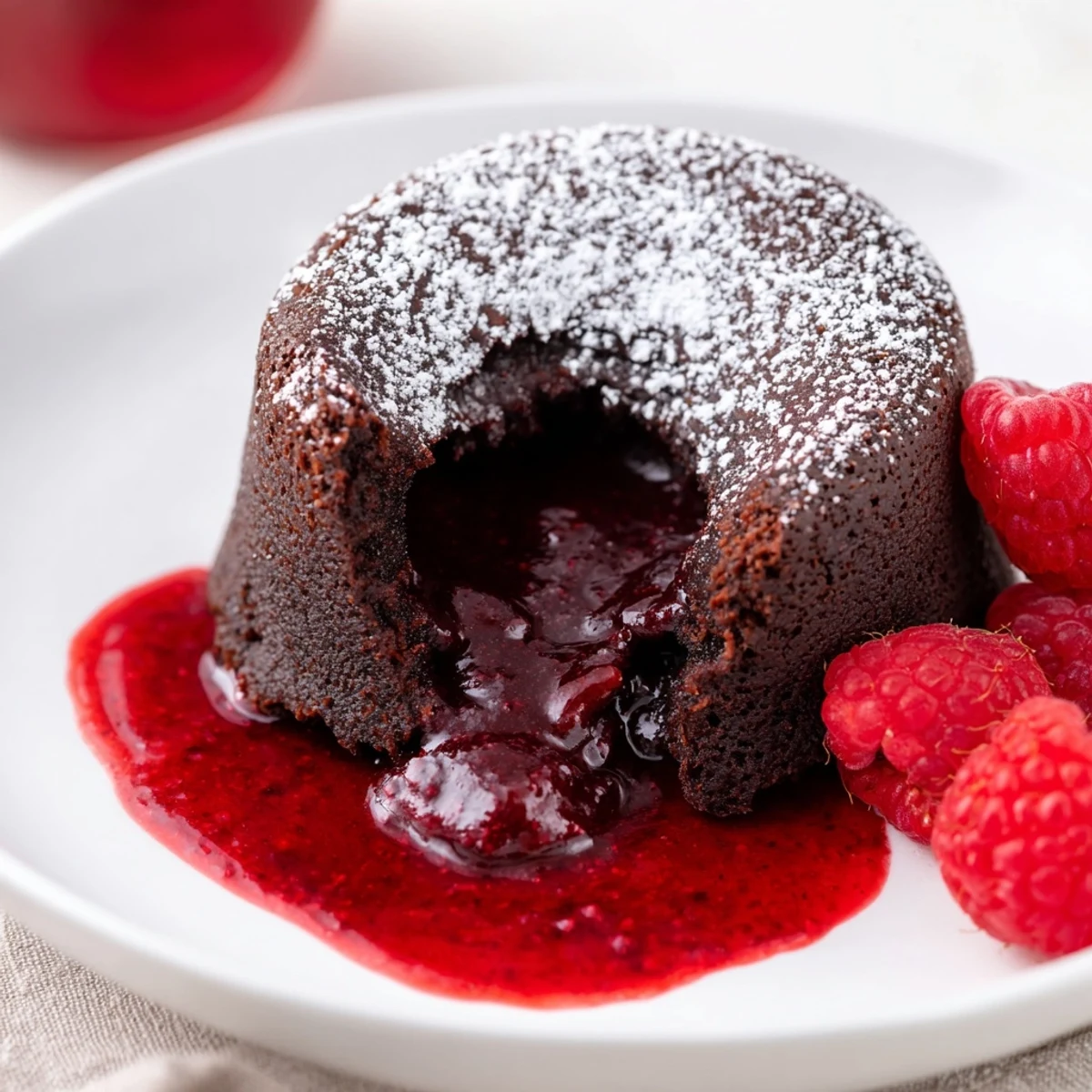Warm Chocolate Lava Cakes with Raspberry Coulis are plated, dusted with powdered sugar, and ready to serve.