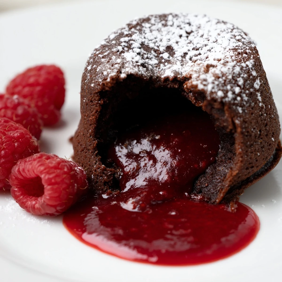 Four rich chocolate lava cakes with raspberry coulis, perfect for an elegant French-American dessert presentation.