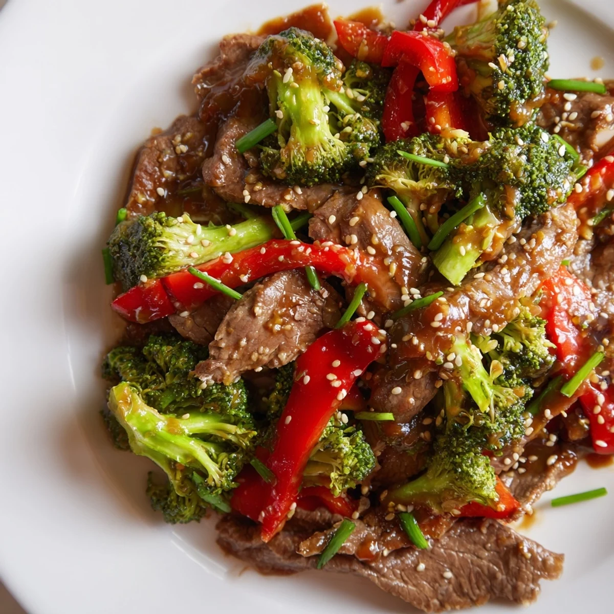 Tender beef strips and bright green broccoli florets are tossed in a glossy ginger glaze in a hot wok.