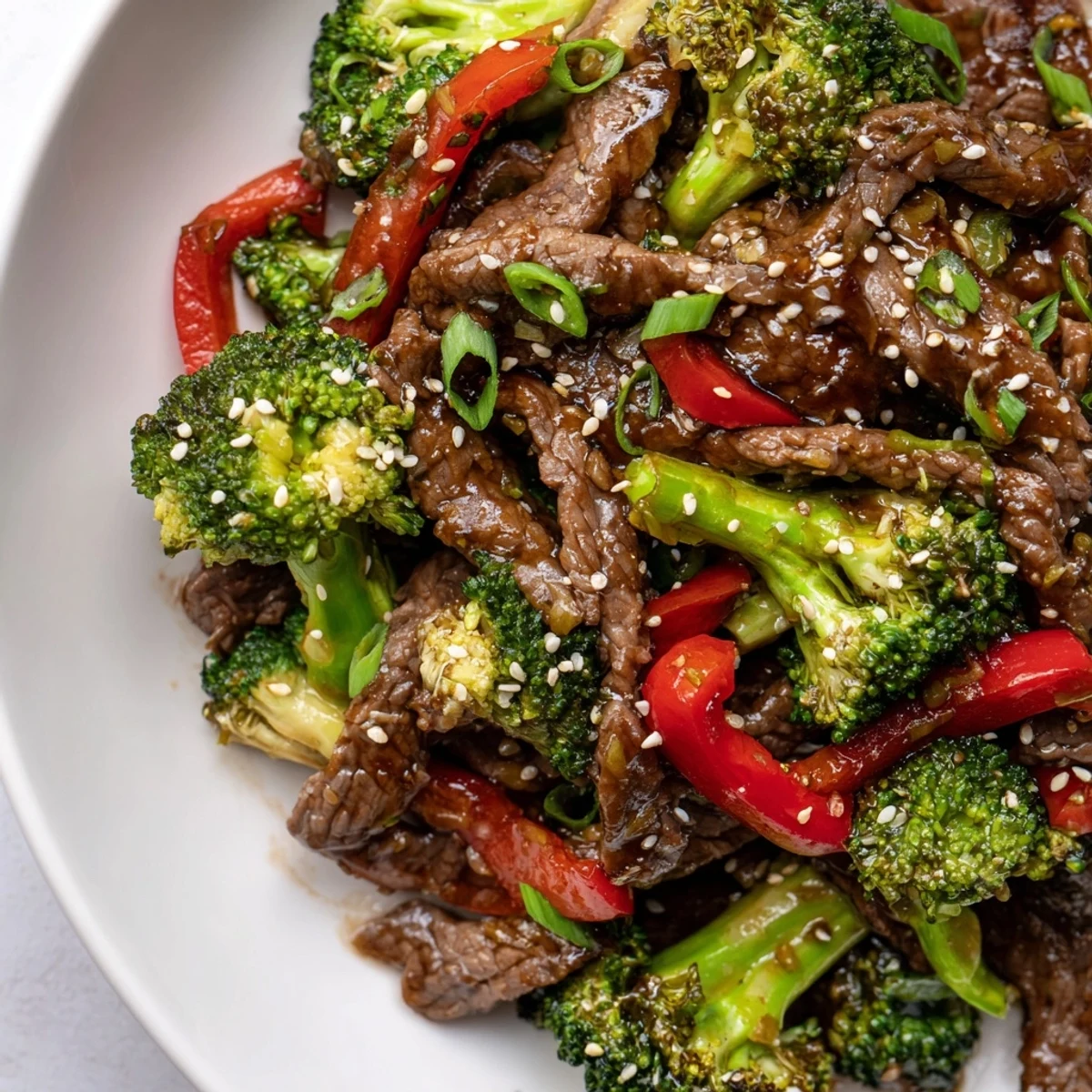 Golden Beef and Broccoli Stir Fry with Ginger Glaze is piled high on a plate with white rice, drizzled with extra sauce.