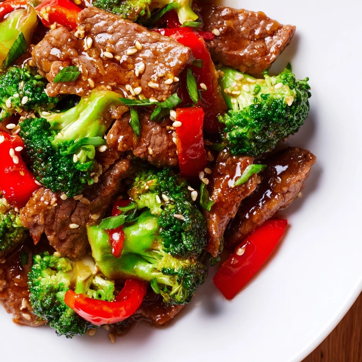 A close-up shows a forkful of savory Beef and Broccoli Stir Fry with Ginger Glaze next to crisp broccoli and sesame seeds.