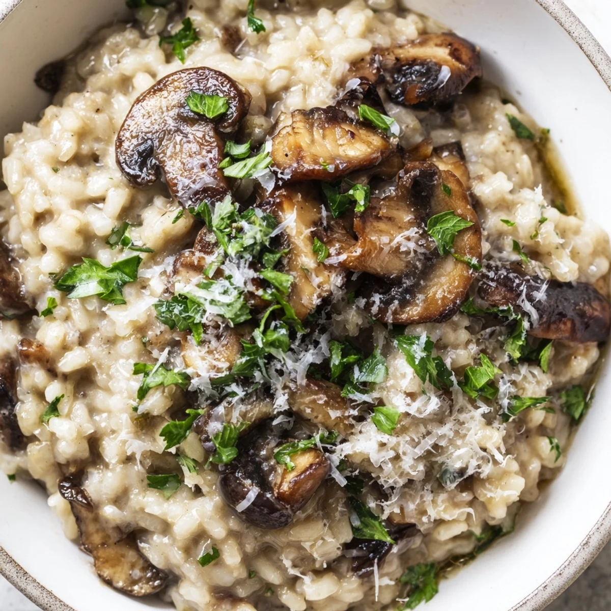 Creamy Mushroom Risotto with Truffle Oil steaming in a shallow white bowl, garnished with fresh parsley and parmesan.