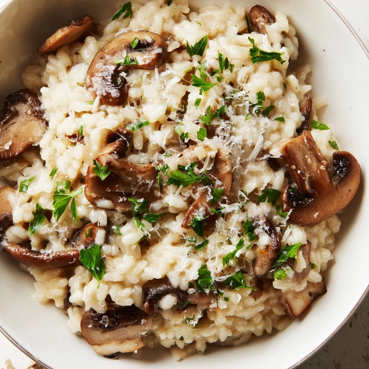 Serving suggestion of Creamy Mushroom Risotto with Truffle Oil, featuring sautéed mushrooms and a rich, velvety texture.