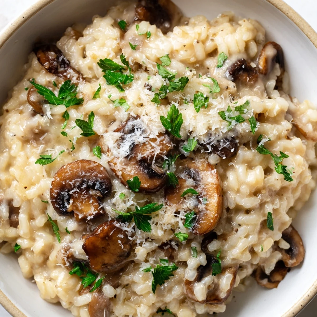Close-up view of Creamy Mushroom Risotto with Truffle Oil, highlighting tender Arborio rice and glistening truffle oil drizzle.
