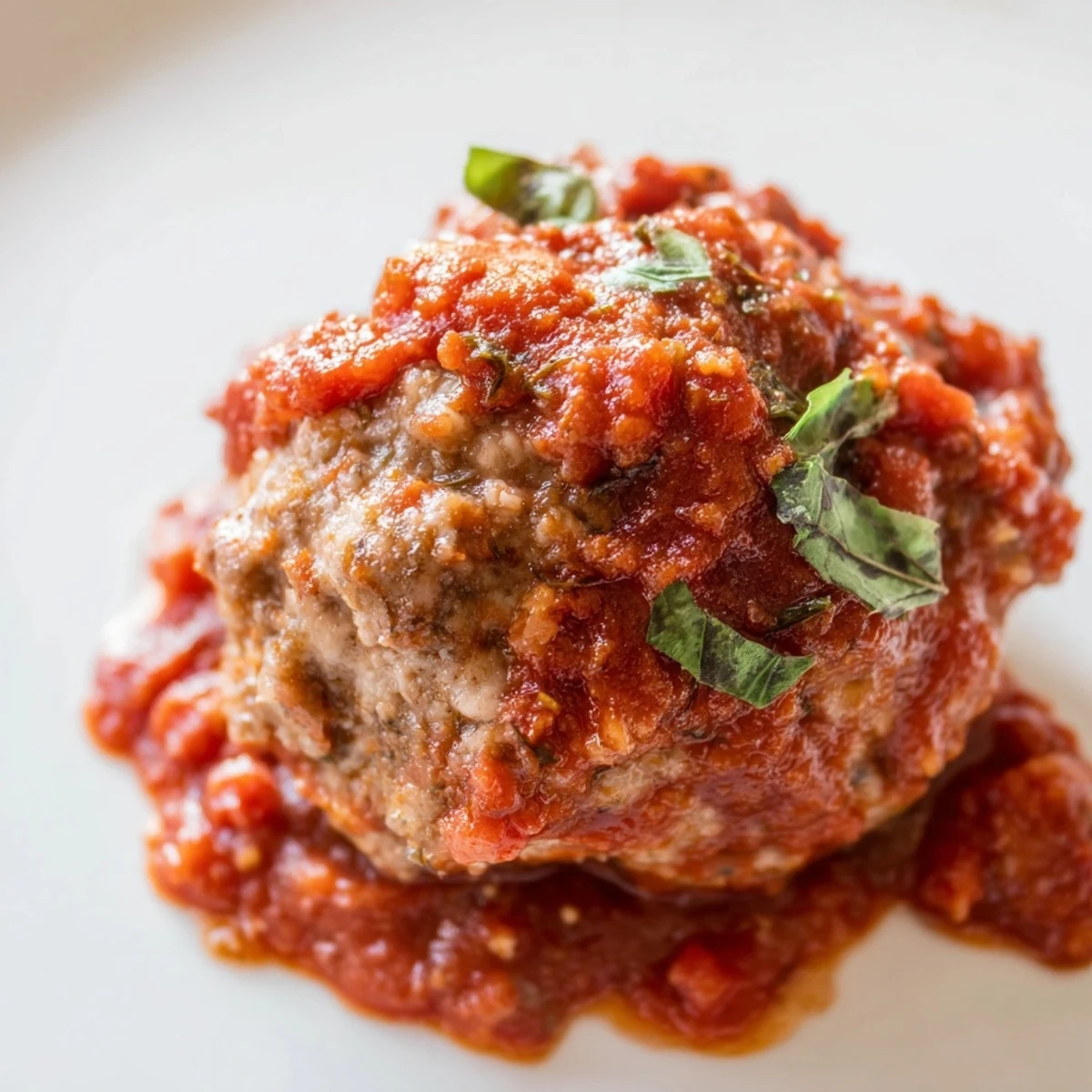 Golden-brown turkey meatballs coated in a thick, chunky marinara sauce served over spaghetti and garnished with fresh parsley.